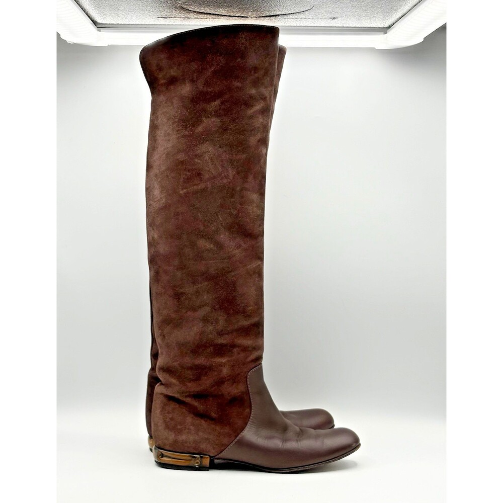 Gucci Brown Suede Knee High Riding Boots w/ Bamboo Accent Heel Size EU 36.5